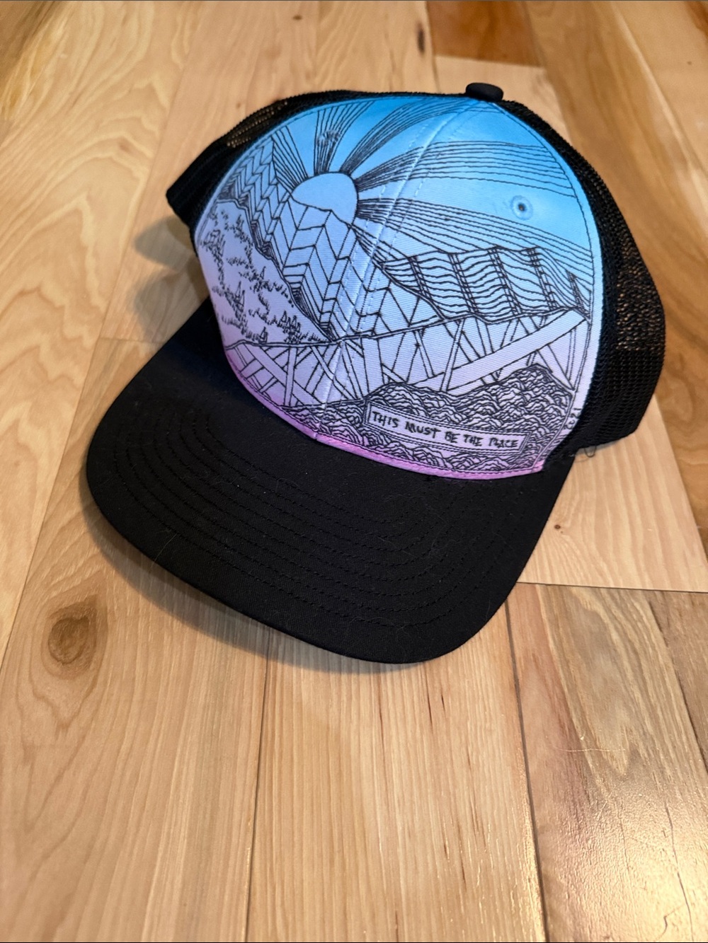 Hand Drawn Gradient Blue-Purple Trucker Cap with Black Brim